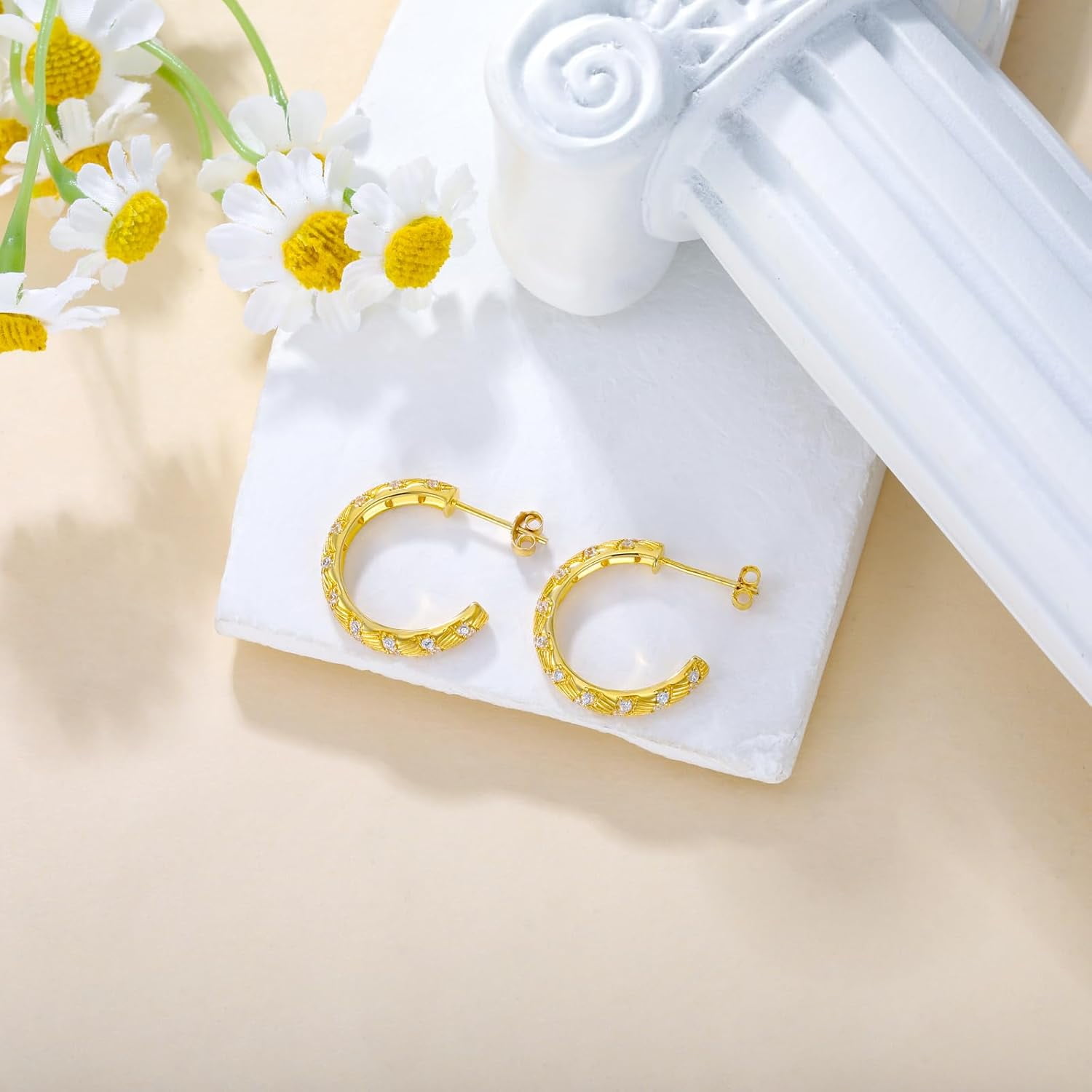 AOBOCO Small Modern Bohemian Open Hoop CZ Earrings for Women 925 Sterling Silver Post Back Hoops Earring Cubic Zirconia Hoop Earrings 14K Gold/White Gold Plating