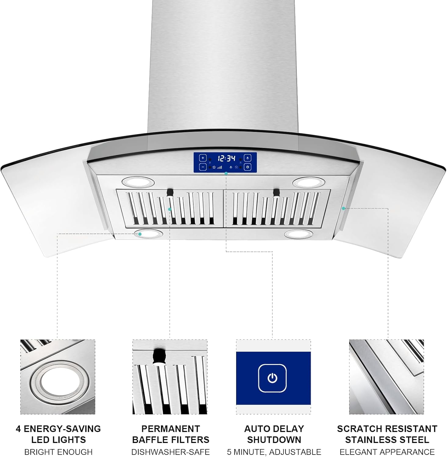 36 Inch Island Range Hood 900CFM Gesture & Touch Control Ceiling Mount Stainless Steel Ducted/Ductless Convertible, Ceiling Mount Vent Hood, Baffle Filter Exhaust Fan Extractor