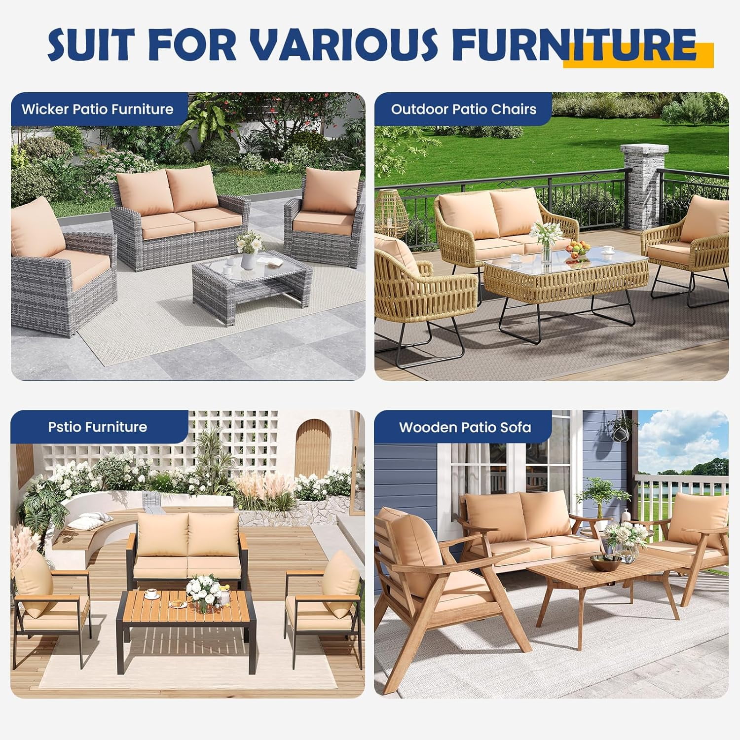 MRUAKA Outdoor Cushions for Patio Furniture, 4'' Replacement Cushions for Outdoor Furniture, Set of 4 Water-Resistant Outdoor Sectional Cushions for Sofa Couch Chair (Beige)
