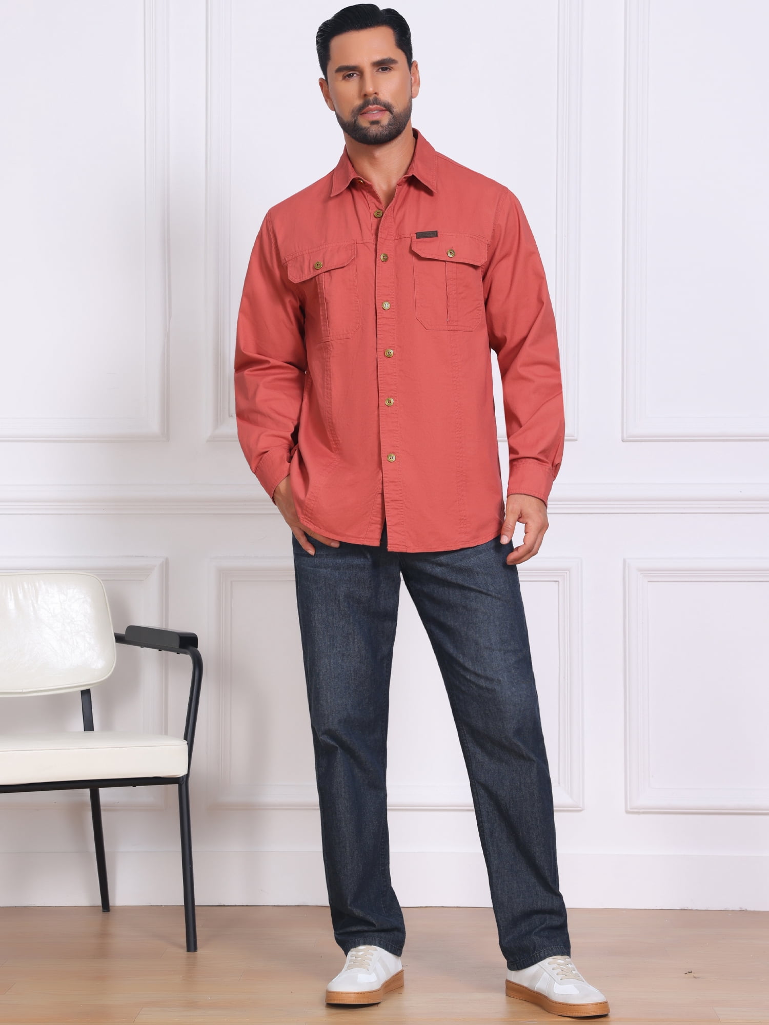 DARING DIVA Men's Casual Workwear Long Sleeve Button Down Hiking Shirts S Red