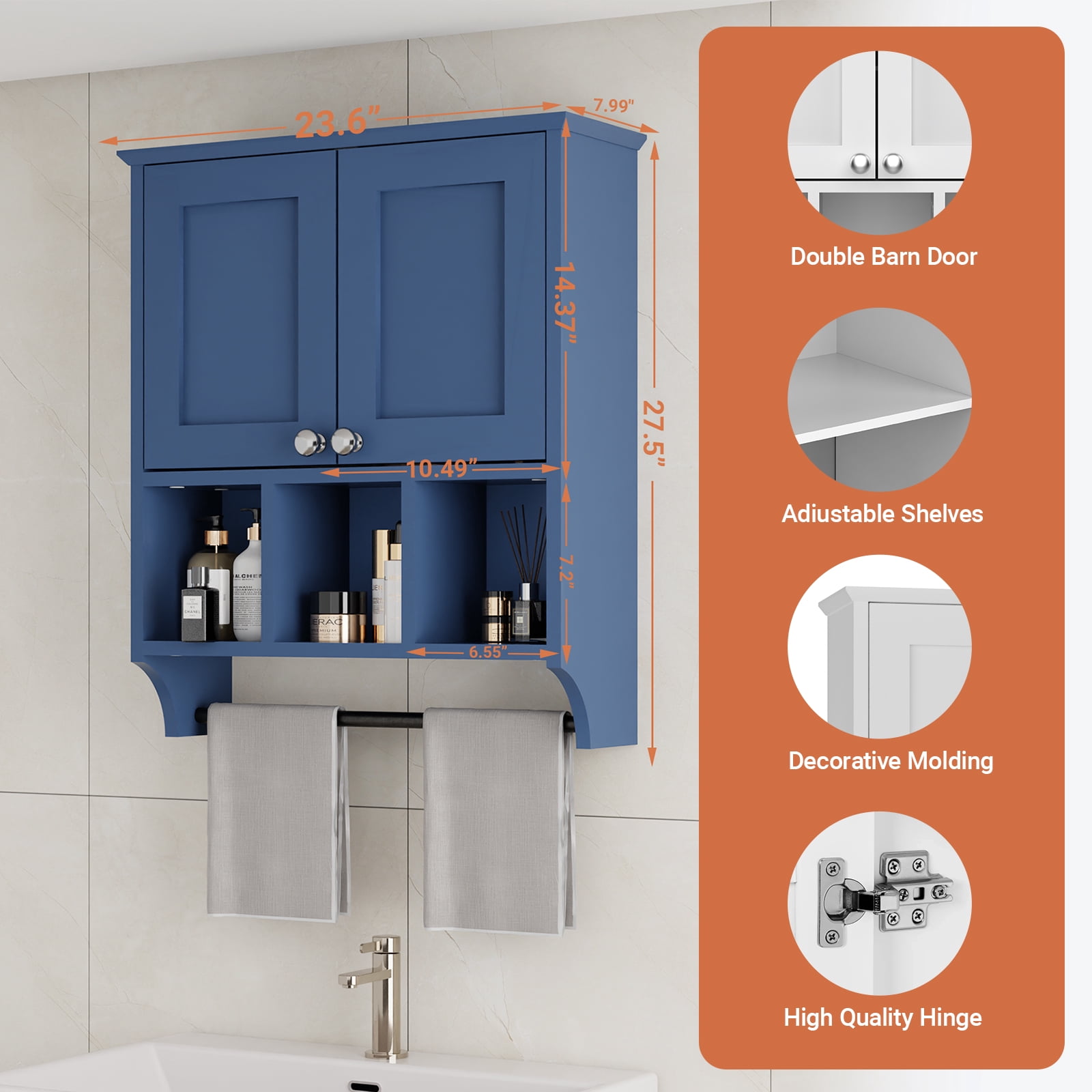 KZElegy Bathroom Medicine Cabinet Wall Mounted 2-Door with 3 Open Shelves, Over The Toilet Storage Cabinet with Towels Bar for Toilet,Blue
