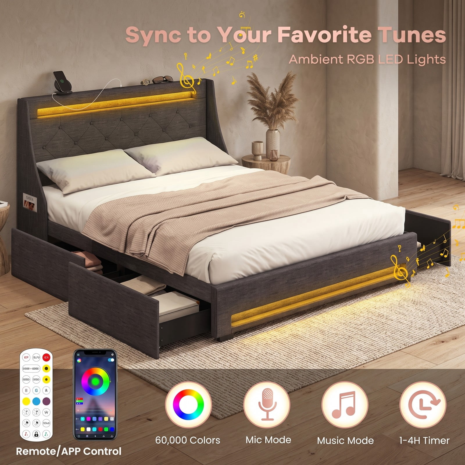Furnibear Queen Bed Frame Upholstered Platform Bed with LED Lights and Charging Station and 4 Drawers for Bedroom, Gray