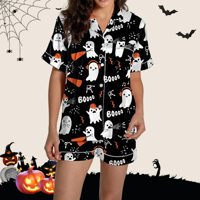 Pyjama pour Femmes en Satin Imprimé Graphique, Mignon, Tenue de Nuit, Boutons, Hauts à Manches Courtes, Ensembles de Shorts