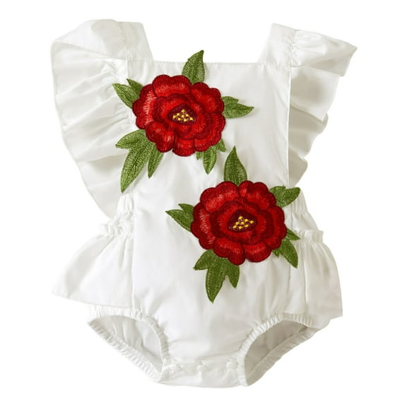 Huowey Baby Girls Fly Sleeve Floral Embroidery Ruffles Romper Bodysuits Jumpsuit Clothes Stylish Dailywear, 0-3 Months