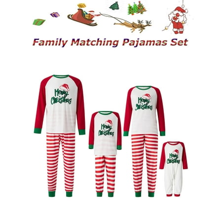

Family Christmas Pajamas Matching Set Long Sleeve Letter Santa Hat Print Tops+ Striped Pants for Adults Kids Holiday Xmas Sleepwear