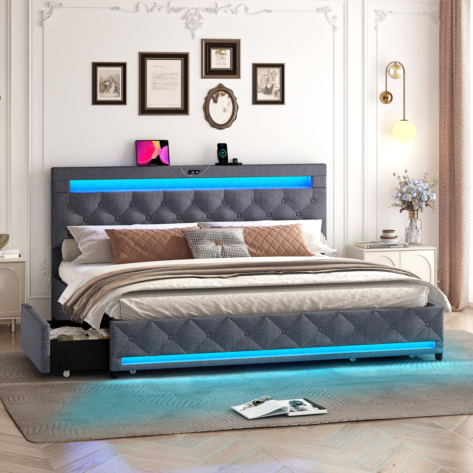 King Size Bed Frame with LED Light Headboard & Outlets, Upholstered Headboard, Solid Wooden Slat Support, 4 Storage Drawers, No Box Spring Needed