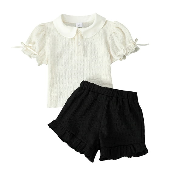 7T Little Girls Clothes 7T Girls 2PCS Summer Solid Color Outfits Set Round Neck Peter-Pan Collar Little Girls Short Sleeve Top Shorts Set White