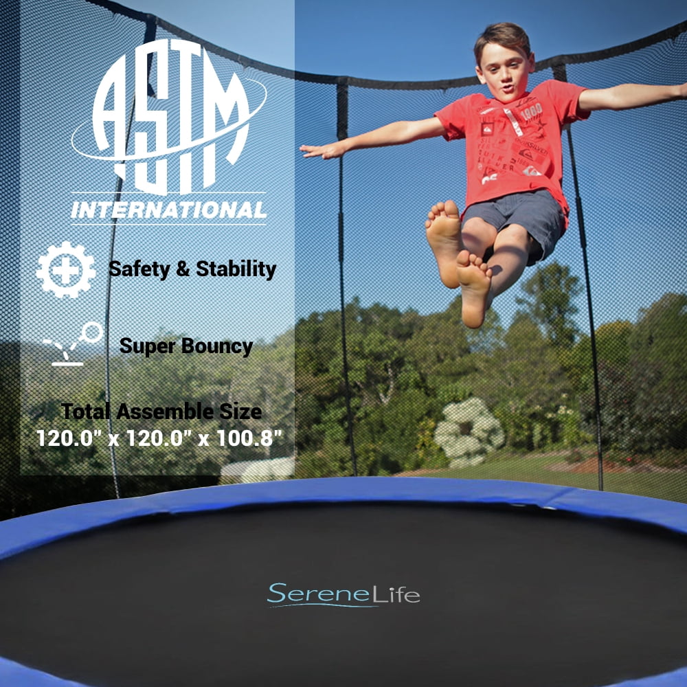 SereneLife SLTRA10BL - Home Backyard Sports Trampoline - Large Outdoor Jumping Fun Trampoline for Kids / Children, Safety Net Cage (10 ft.)