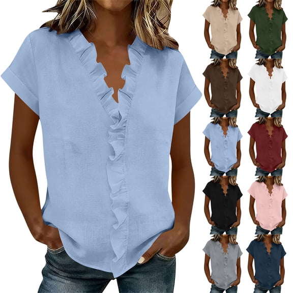 Miluxas Women Casual Summer Ruffle Shirt Blouse Ruffles V Neck Short Sleeve Loose Fit Bottom Shirt Tops White XL(XL)