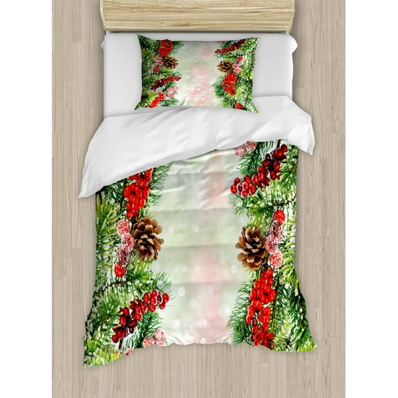 Christmas Duvet Cover Set Twin Size, Natural Vivid Tree Branch with Red Holly Berries on Blurred Snowy Background, Decorative 2 Piece Bedding Set with 1 Pillow Sham, Multicolor, by Ambesonne
