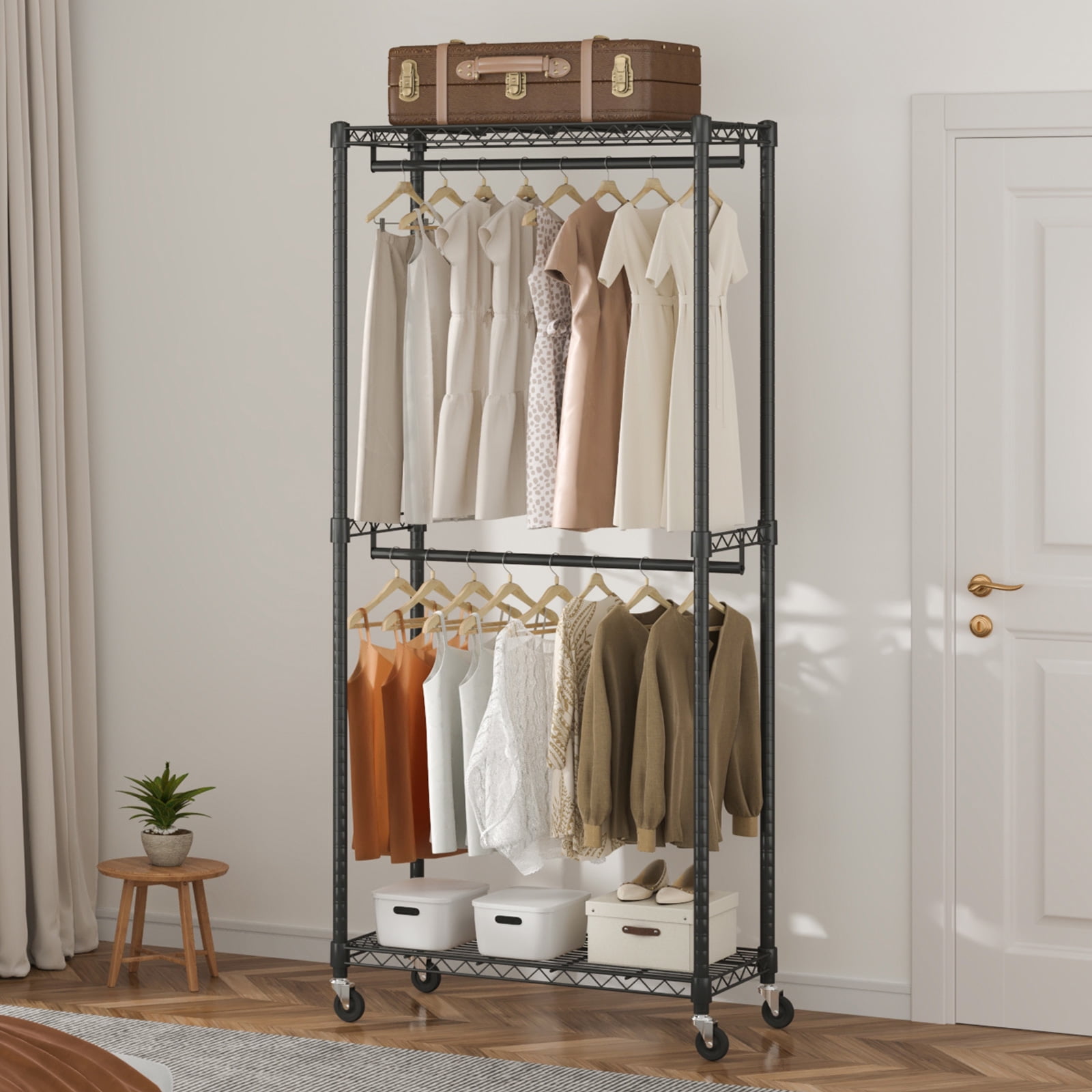HOKEEPER Heavy Duty Wire Garment Rack with Shelves Double Rods Wheels and Hooks Walmart