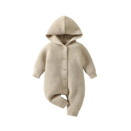 

Ma&Maby Infant Baby Girl Hooded Romper with Solid Color Single Breasted Thickened Warm Knitted Clothing