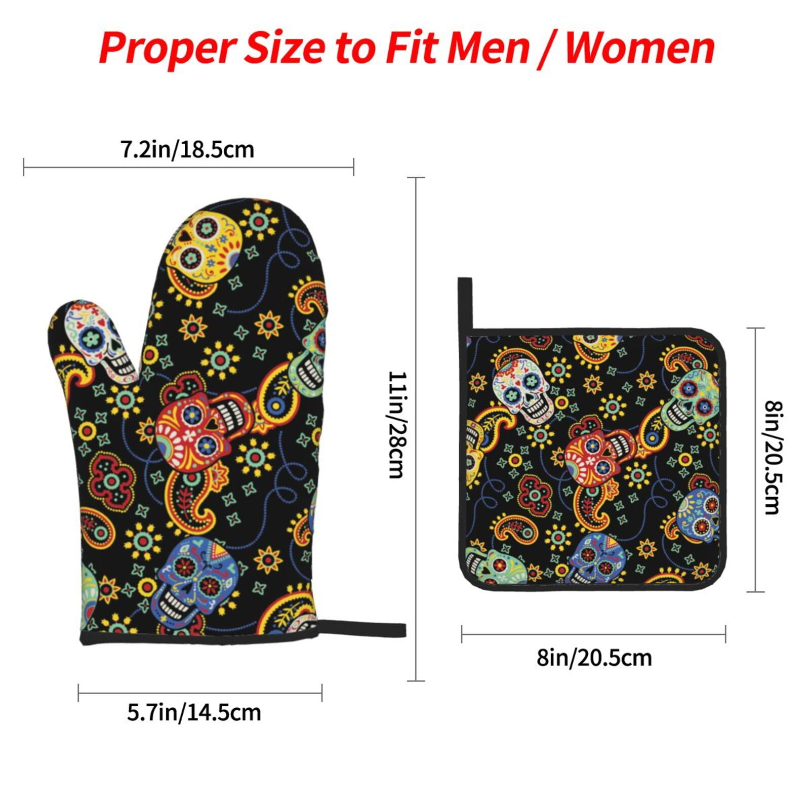 Mexican Skull Paisley 4Pcs Oven Mitts and Pot Holders Sets Oven Kitchen Gloves Hot Pads for Cooking BBQ Baking Grilling