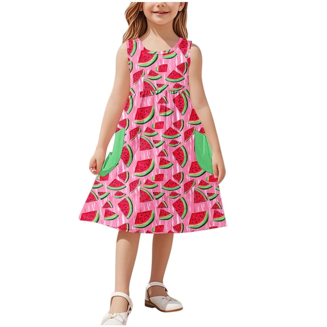 Ashirexll Robes Filles Sans Manches Col Rond Motif Imprimé Robe en Mélange de Coton Longueur Genou Rouge 12 Ans