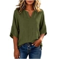 thumbnail image 4 of MaFYtyTPR Women's V-Neck Linen Top 3/4 Sleeve Collarless Casual Blouse Solid Loose Fit Three-Quarter Sleeve T-shirt for Daily Wear A-Army Green L, 4 of 6