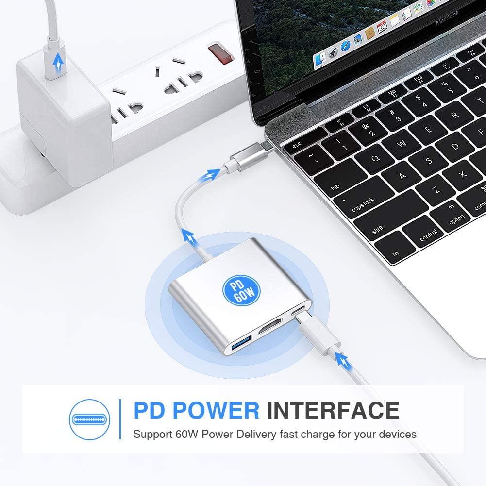 USB C to HDMI Adapter, Type C to 4K HDMI Adapter with 100W PD & USB 3.0 Port Multiport Digital AV Converter for MacBook Pro/air, iPad Pro/air, iPhone 15 and More USB-C Devices (Silver)