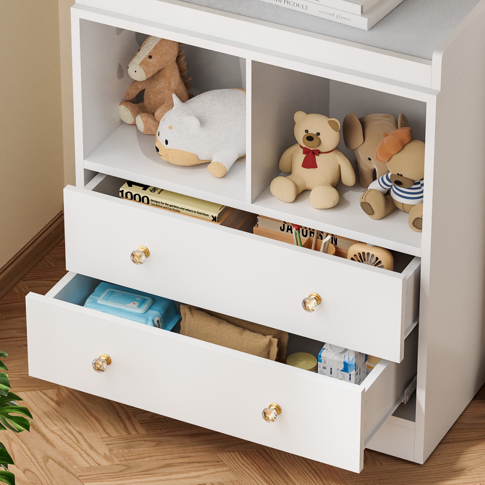 Roromall Changing Table with Pad, 2 Drawers and 2 Open Compartments for Nursery Room with Modern Diaper Changing Station, Bedroom