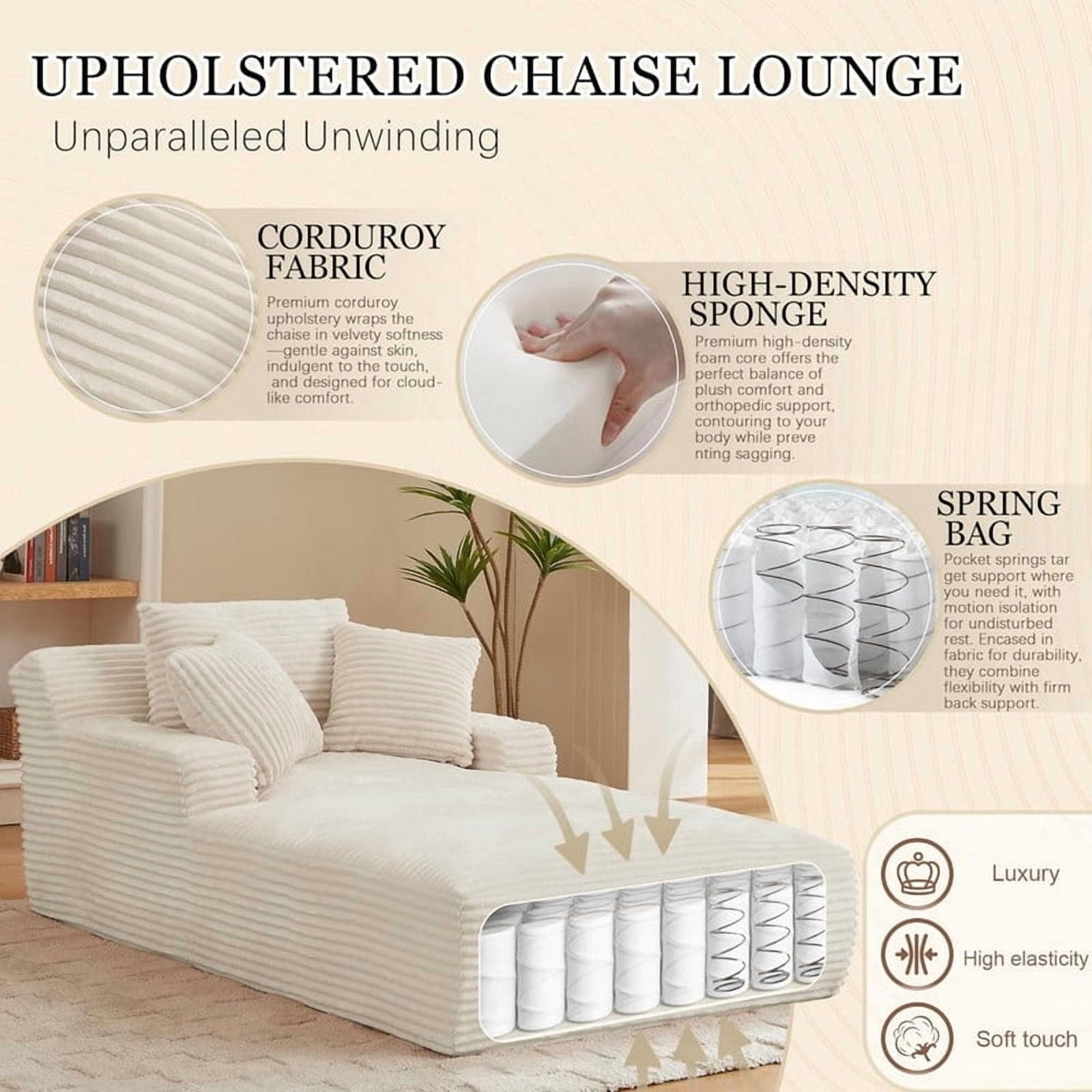 Oversized Chaise Lounge Chair Indoor, 78.7" Extra Deep Boneless Corduroy Lounge Couch Bed with 3 Pillows, Single Seat Reading Chairs for Living Room,Bedroom,Apartment