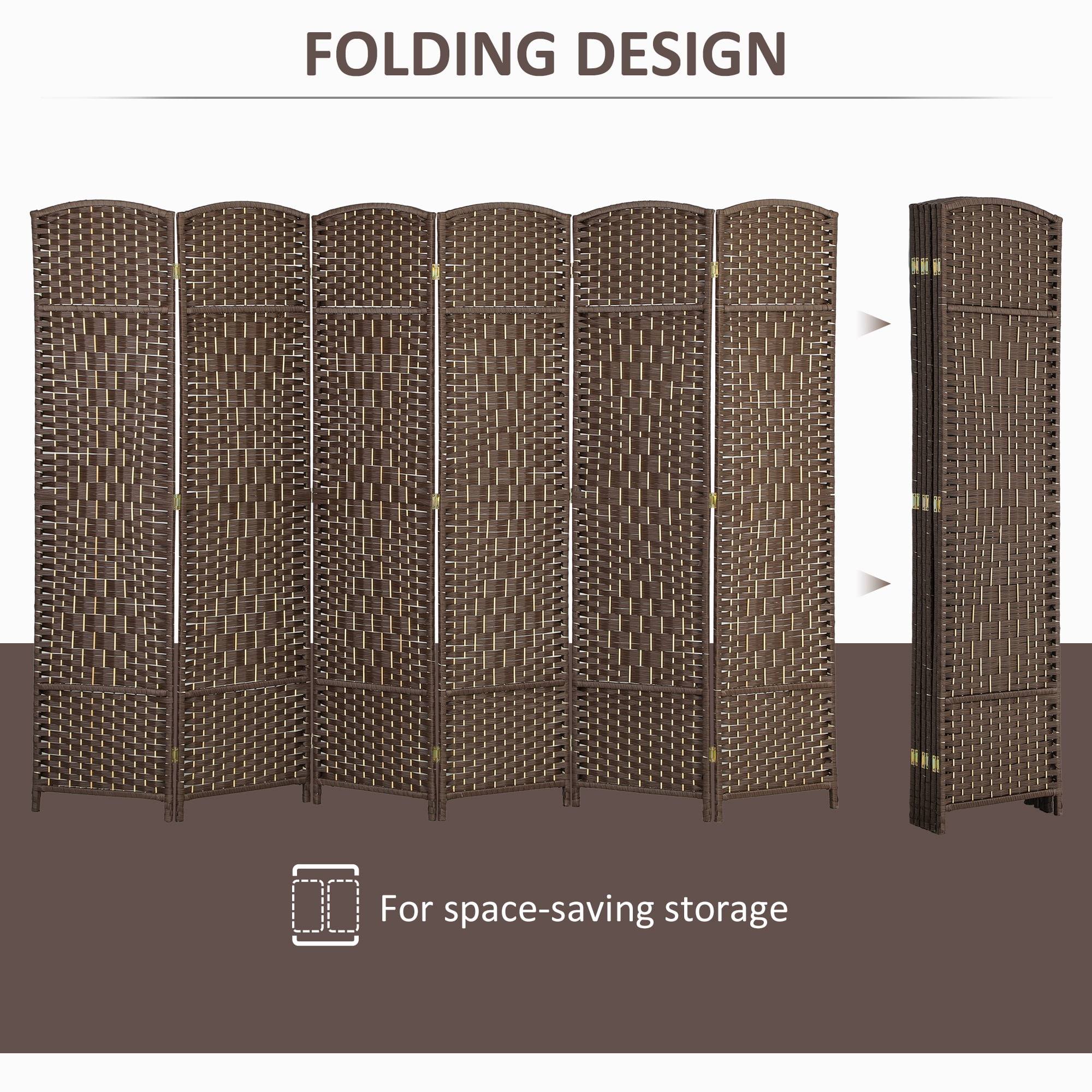 HOMCOM 6 Panel Room Divider, 6' Tall Folding Privacy Screen, Woven Freestanding Wood Partition for Home Office, Bedroom, Brown