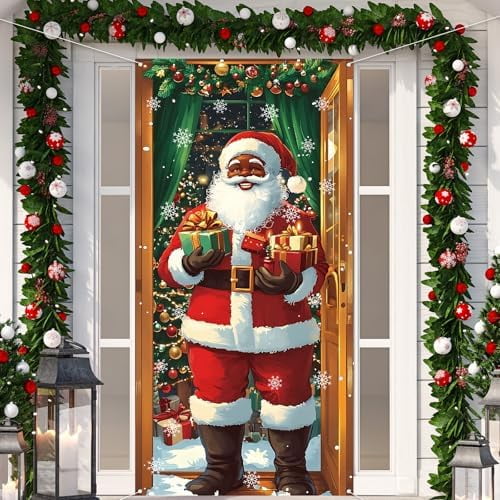African American Christmas Door Cover Black Santa Christmas Photo Backdrop Merry Christmas Xmas Winter Holiday Party Decorations and Supplies for Home-71×35''
