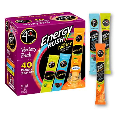 4C Energy Rush Stix, Single Serve Water Flavoring Packets, Sugar Free with Taurine, On the Go Bundle 40 Count (Variety Pack, 1 Pack)