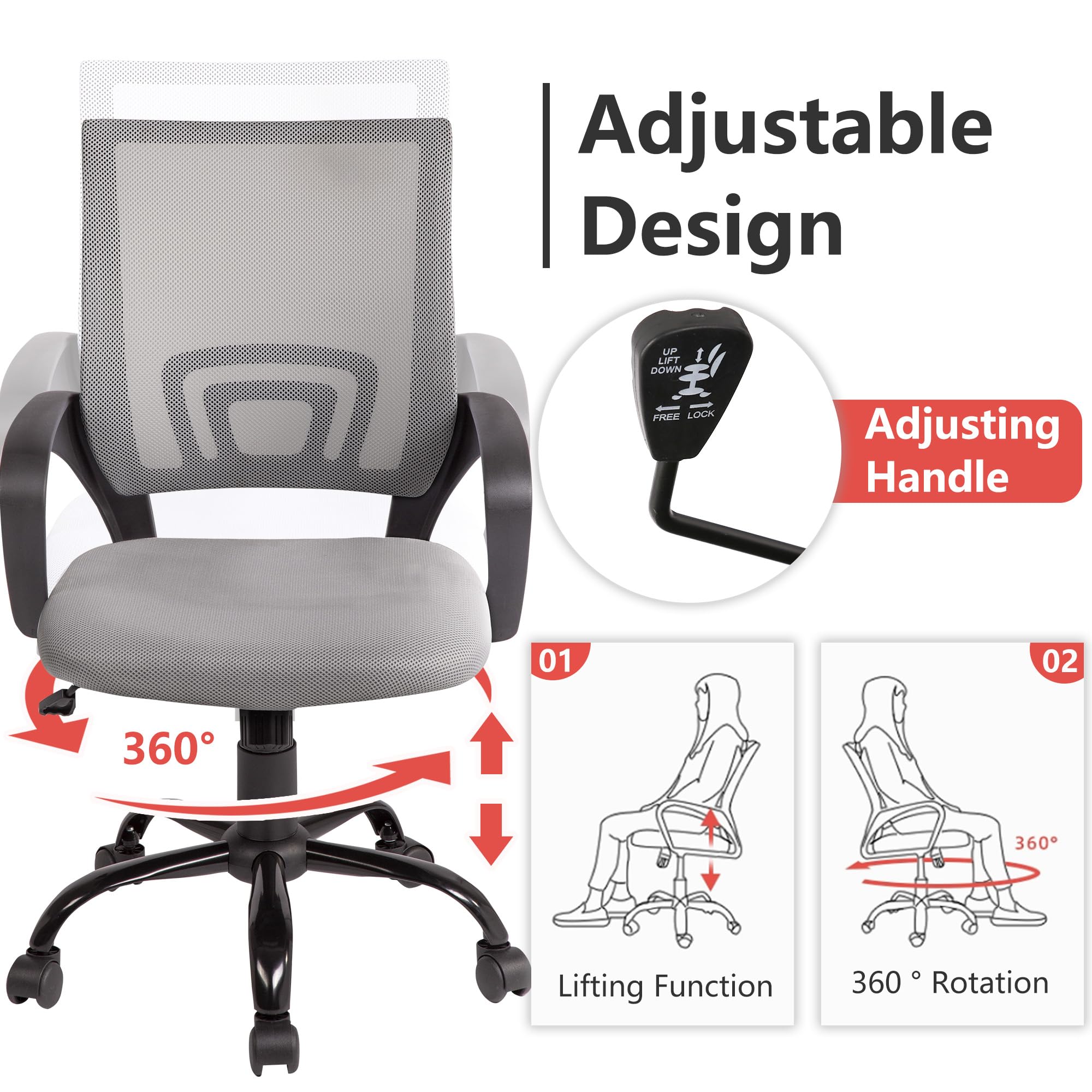 PayLessHere Ergonomic Chair , Adjustable Home Office Chair , Lumbar Support ,Swivel Rolling , Grey
