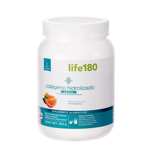 Colágeno Hidrolizado en polvo life180 sabor naranja 450 g