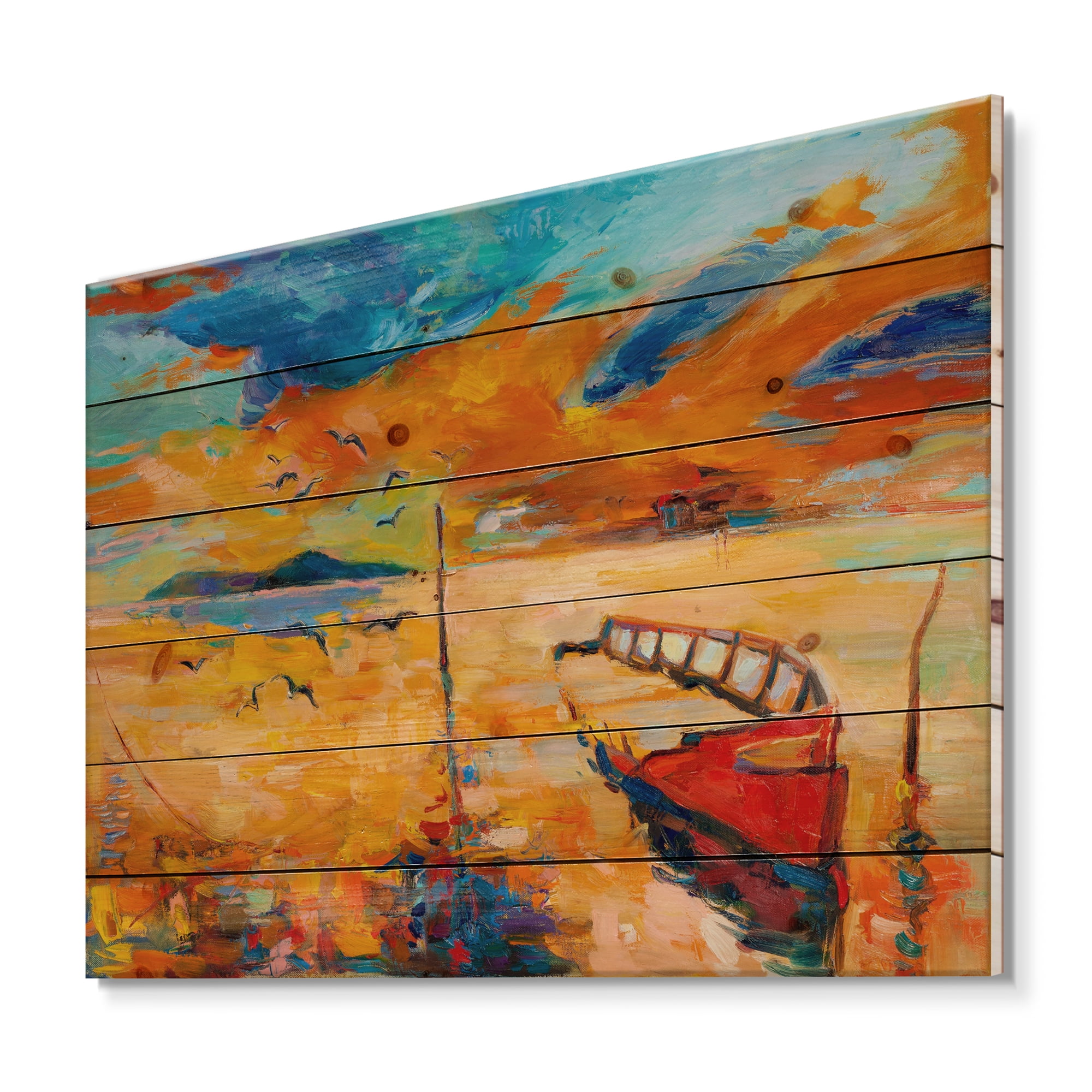 Designart 'Boat At The Lake During Evening Glow VIII' Nautical & Coastal Print on Natural Pine Wood