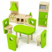 Imagination Generation Eat-In Kitchen Colorful Wooden Dollhouse Furniture, 9 Pieces