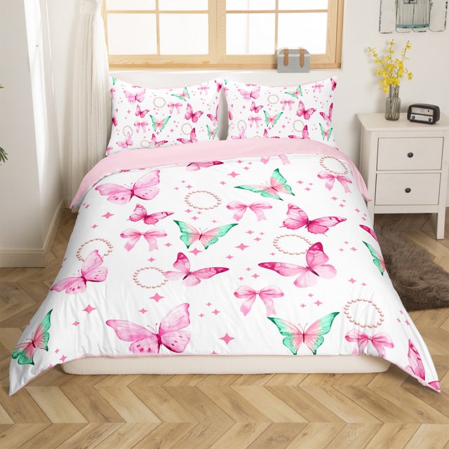 Erosebridal Housse de Couette Papillon Rose Double, Literie Kawaii avec Nœud Taille Double, Déco Chic avec Perles, Réversible 3 Pcs