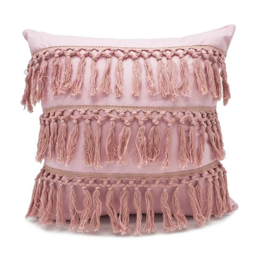 Stylish Fringe Tassels Decorative Throw Pillow (Pink, 18"x18" Case Only