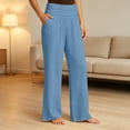 thumbnail image 3 of ABSUYY Womens High Waisted Wide Leg Pants Light Blue Elastic Waist Relaxed Fit Trousers with Pockets,Size S, 3 of 9