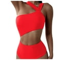 thumbnail image 2 of TODOZO One Piece Swimsuit Women Tummy Control Women's One- Piece Swimsuit Solid Color One Shoulder High Waist Swimsuit Halter Bathing Suit Slimming Hollow Out Swimwear Red L, 2 of 8