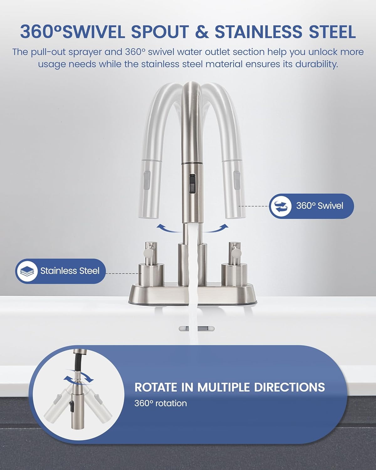 Bathroom Faucet with Pull Out Sprayer, Brushed Gold Bathroom Faucet 3 Holes, 2 Handle Bathroom Sink Faucet with 360 Degree Swivel Spout, Pop Up Drain Assembly Included