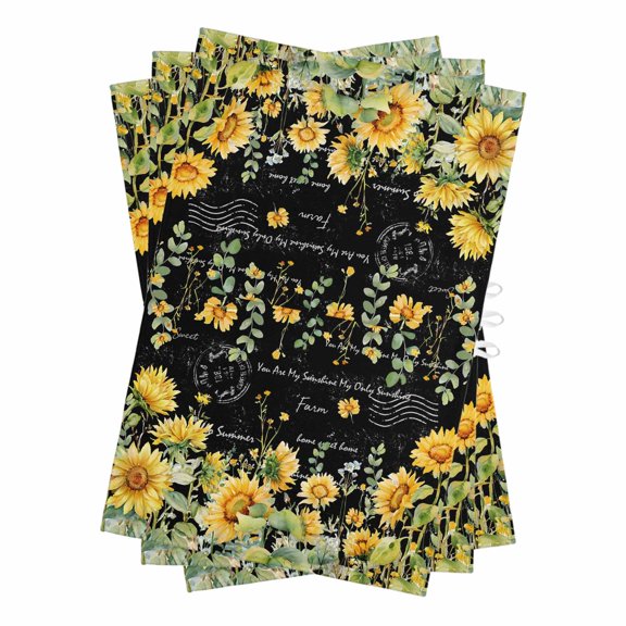 Black Sunflower Kitchen Towels Set of 3, Water Absorbent Dish Towel, Summer Eucalyptus Botanical Floral Decorative Hand Towels - Quick Drying Cloth for Cooking Baking, 18x28 Inch