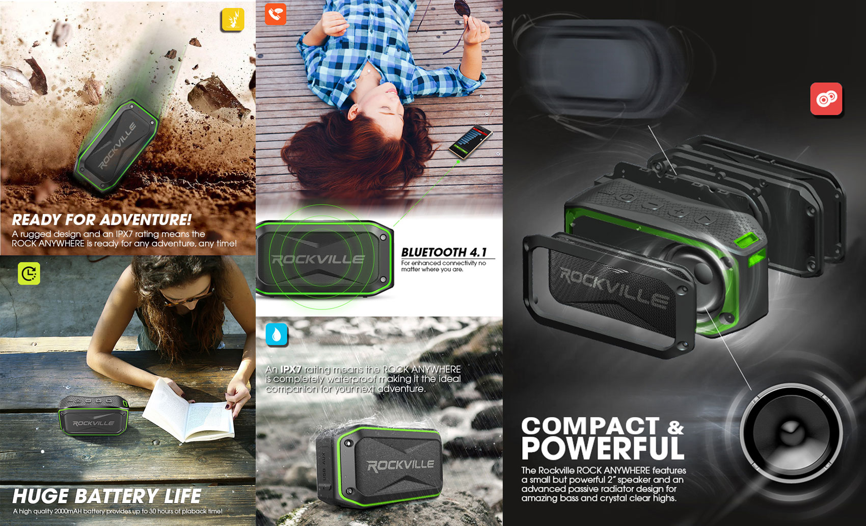 (2) Rockville ROCK ANYWHERE WaterProof Portable Bluetooth Speakers+TWS Linking - image 4 of 12