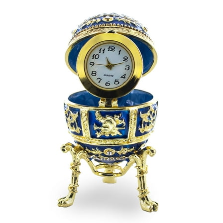 Blue Enamel Royal Inspired Imperial Easter Egg with Clock Surprise