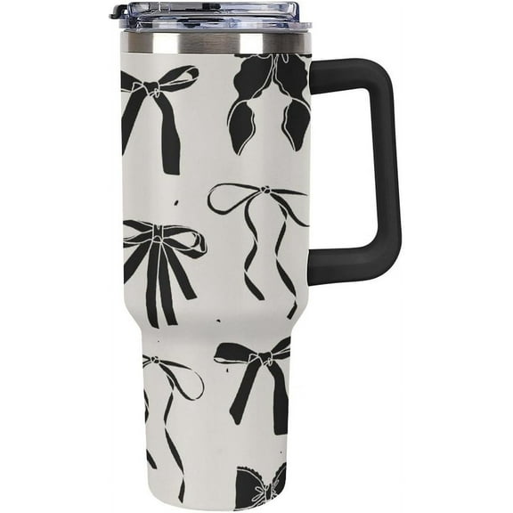 Large Capacity Car Cup 40 Oz Cute Black Bow Knots Stainless Steel Travel Tumbler Coffee Mug Insulated Bottles Tumbler with Lid And Straw Leak-Proof