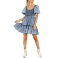 thumbnail image 5 of Liacowi Women's Casual Denim Dress Scoop Neck Short Flared Sleeve Elastic Ruched Chest High Waist Ruffle A-line Dresses, 5 of 8