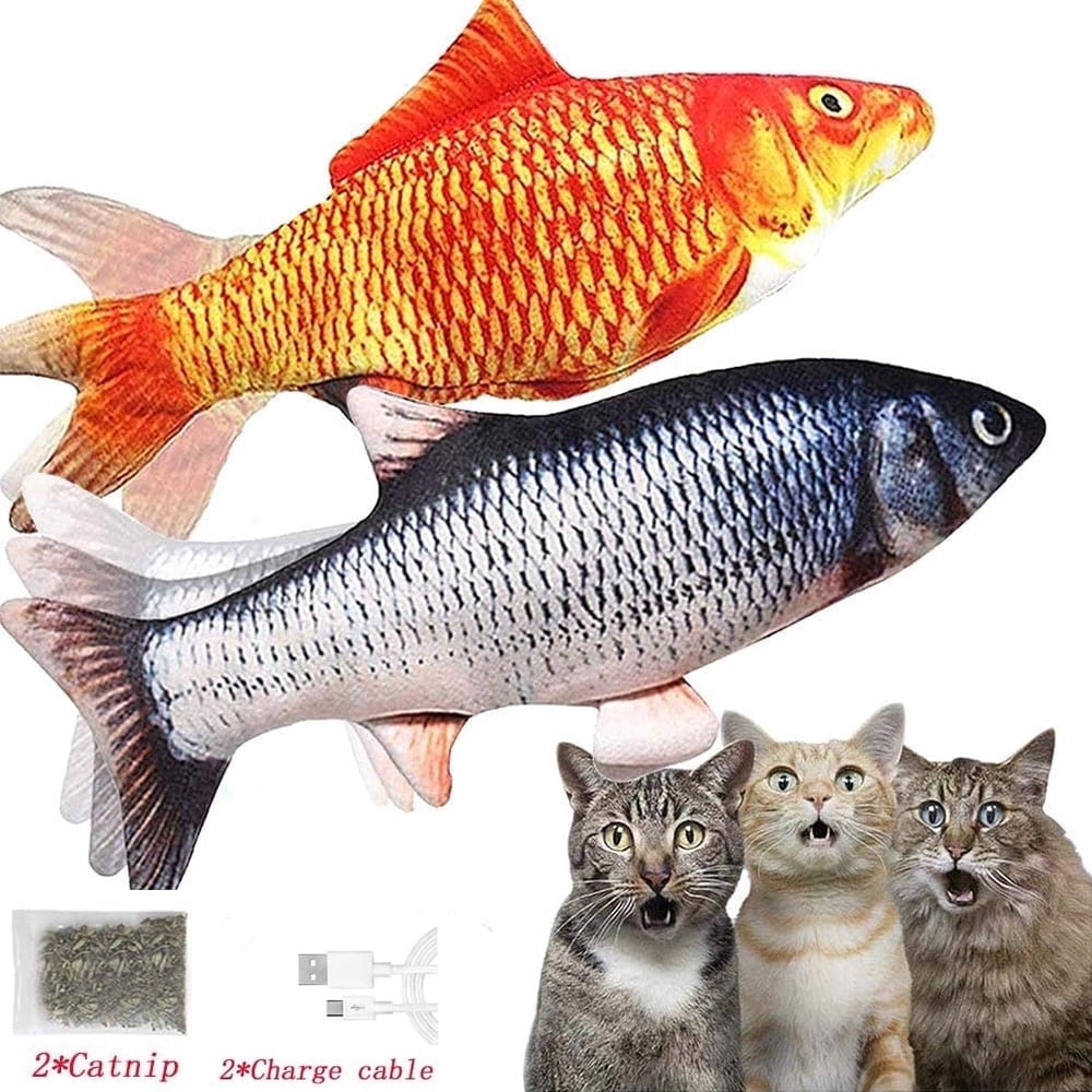 2 Pack Electric Moving Fish Cat Toy, Realistic Plush Simulation Floppy Fish Cat Toys with Catnip, Funny Interactive Pets Pillow Chew Bite Kick Supplies for Cat Kitten Kitty
