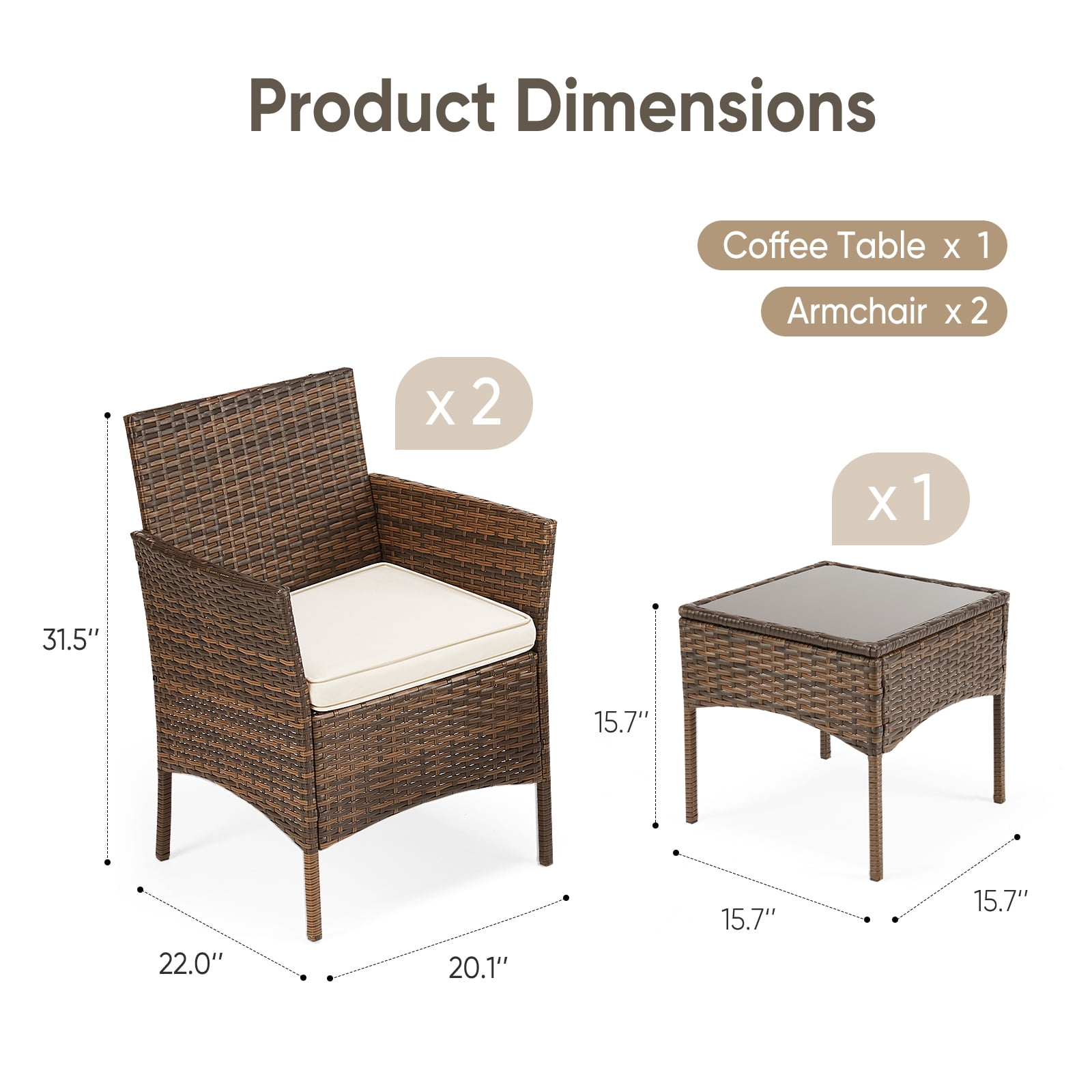 SHOUFTW 3-Piece Patio Furniture Set, Wicker Outdoor PE Rattan Furniture with Coffee Table & Washable Cushion, Compact Bistro Conversation Seating for Balcony, Garden, Poolside, Porch, Brown
