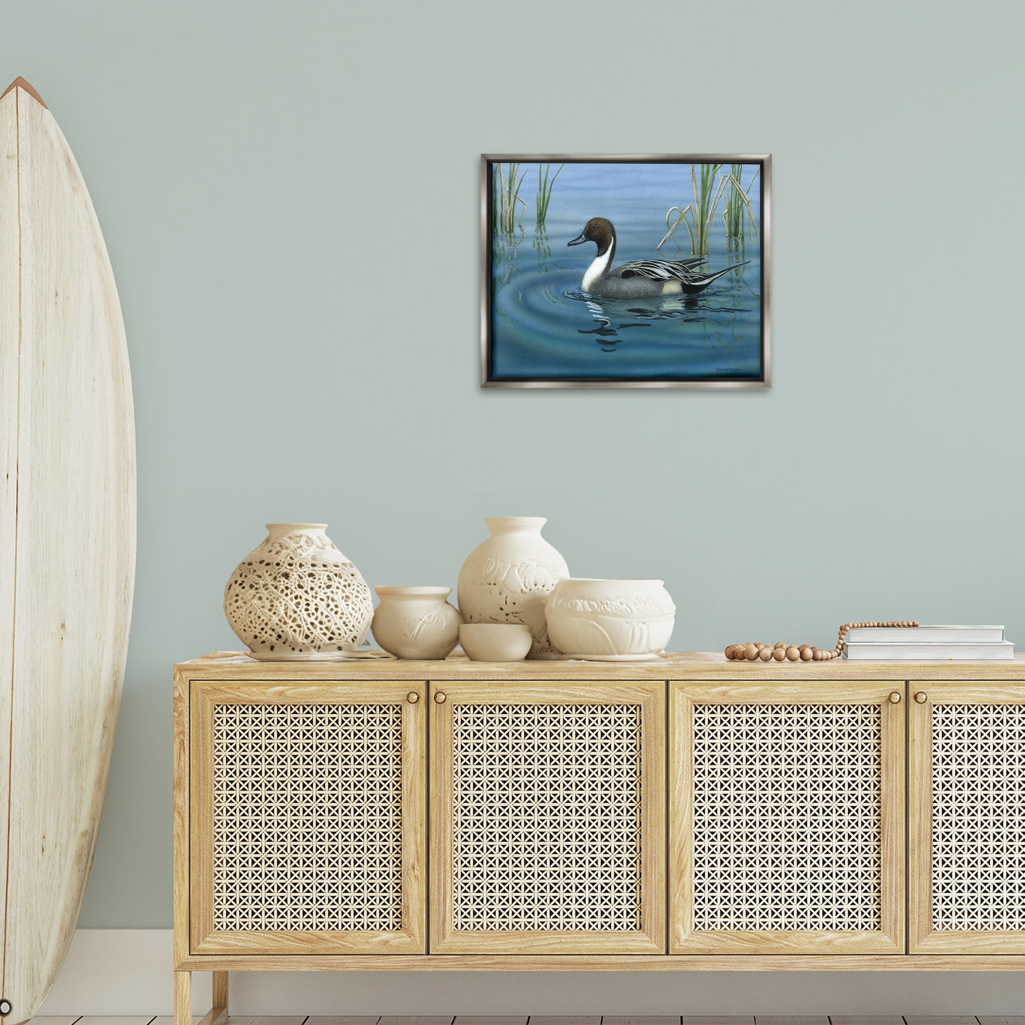 Stupell Industries Pintail Loon in Pond Animals Painting Gray Floater Framed Canvas Art Print Wall Art, 21 x 17