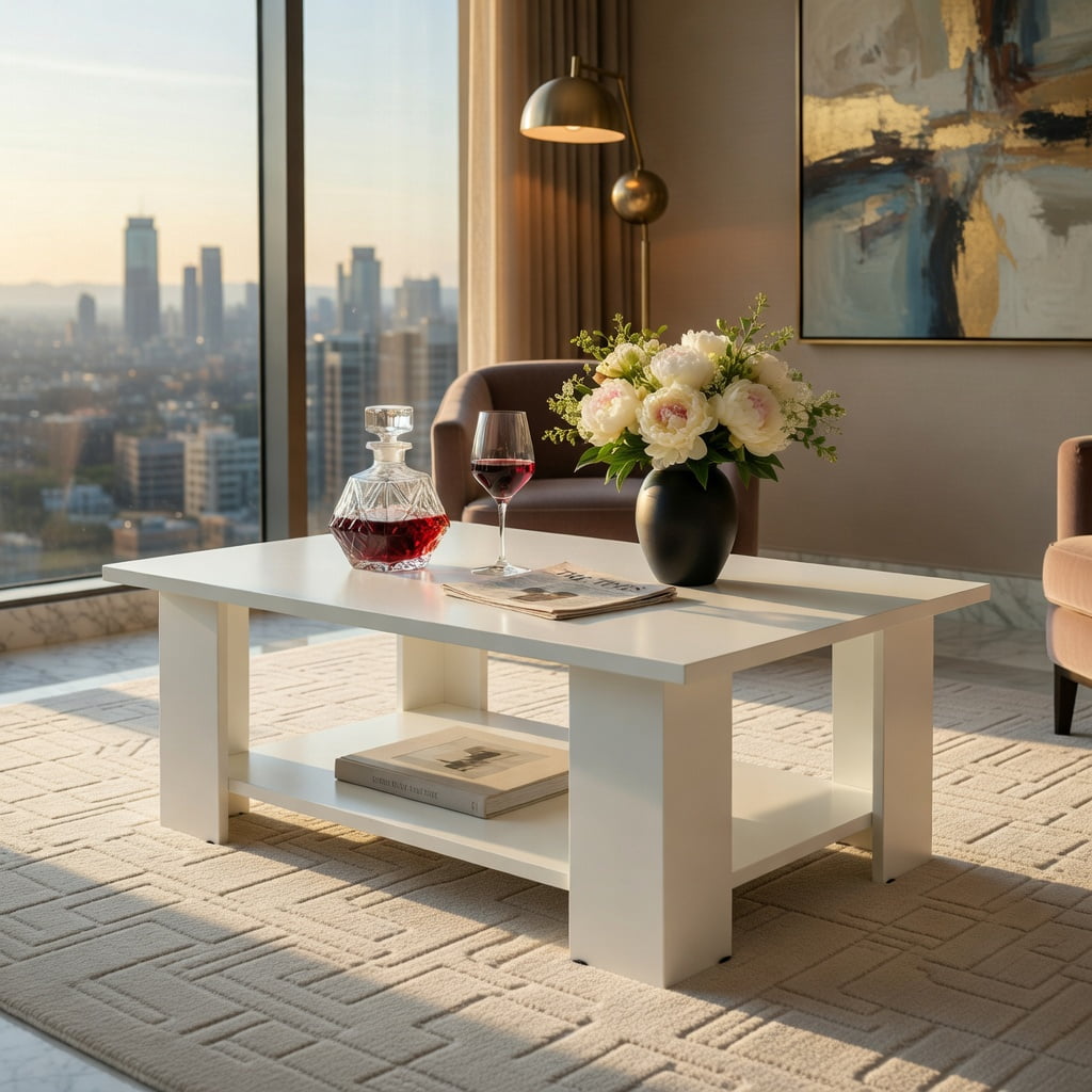 Demi Bonn 36" Wooden Coffee Table, Large 2-tier Modern Side Table with Storage Shelf for Living Room, Reception Room, White
