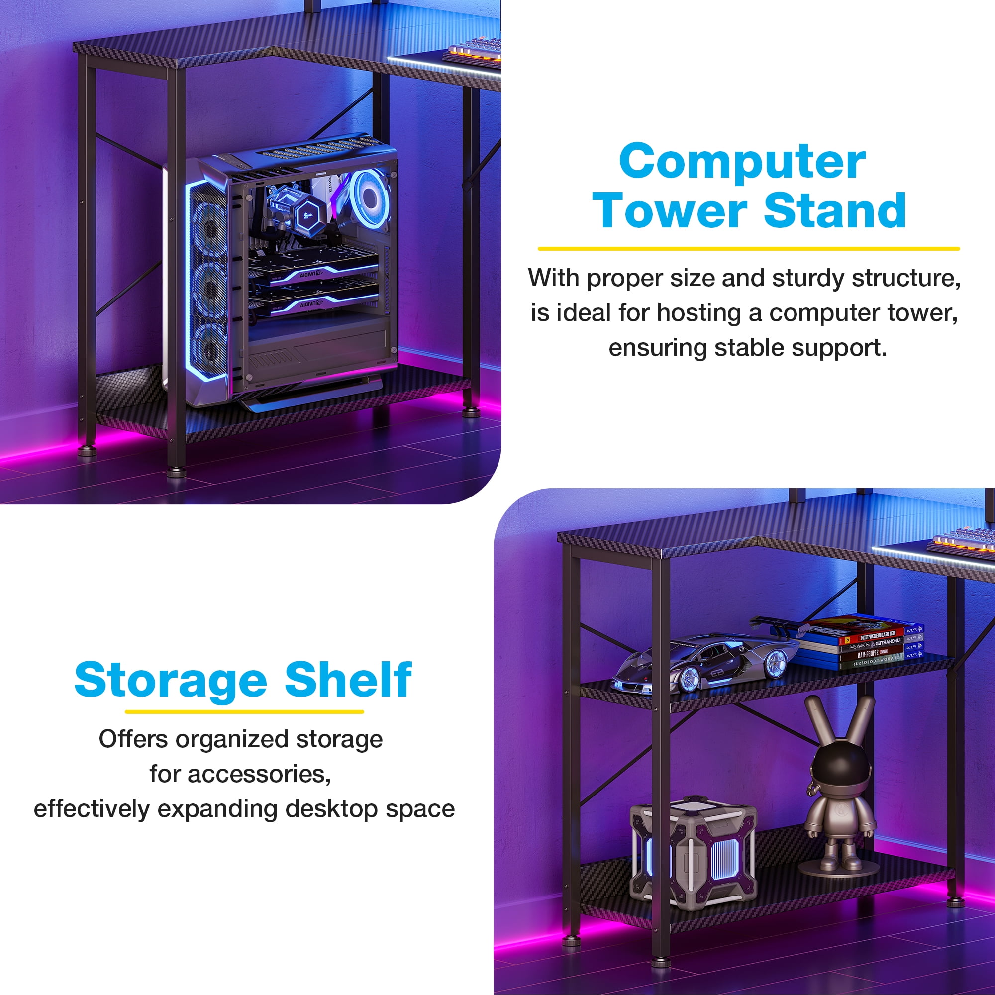 55 inch U Shaped Gaming Desk with Power Outlets & LED Light Strip, Home Office Desk with Storage Shelf, Suitable for Large Space, Gaming, Studying, Carbon Fiber Black