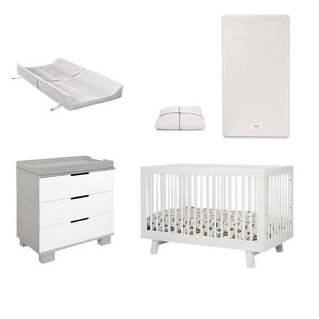 5 Piece Nursery Furniture Set With Crib Changer Changing Pad Mattress And Mattress Cover In White And Gray