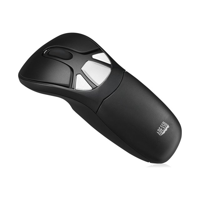 Adesso iMouse P30 Air Mouse GO Plus, un Accessoire Informatique Sans Fil Conçu pour les Utilisateurs Droitiers et Gauchers, Doté d'Un design Noir Épuré avec accents Argentés et d'Un Récepteur Sans Fil USB. Il Offre une Connectivité de 2,4 GHz et Fonctionne comme une Air Mouse à Commande Gestuelle, Idéal pour les Présentations, le Multimédia et les applications d'Enseignement Interactives.