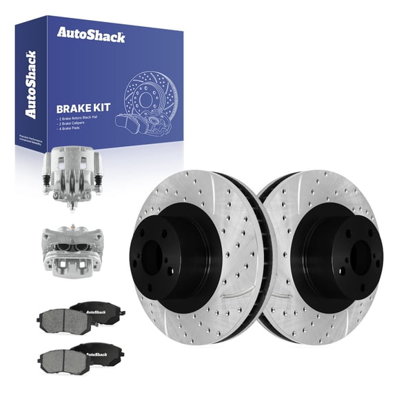 AutoShack Front Brake Rotors, Ceramic Pads & Calipers for Subaru, Forester 2003-2008 Outback 2002-2005, AWD H4 2.5L H6 3.0L - E-Coated Drilled & Slotted - ShadowGuard - 11.55" (293.4 mm), 5-Lug