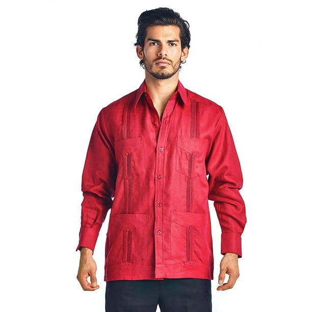 Vkwear Men S Premium Cuban Beach Long Sleeve Button Up Linen Guayabera Dress Shirt Red 7xl Walmart Com Walmart Com