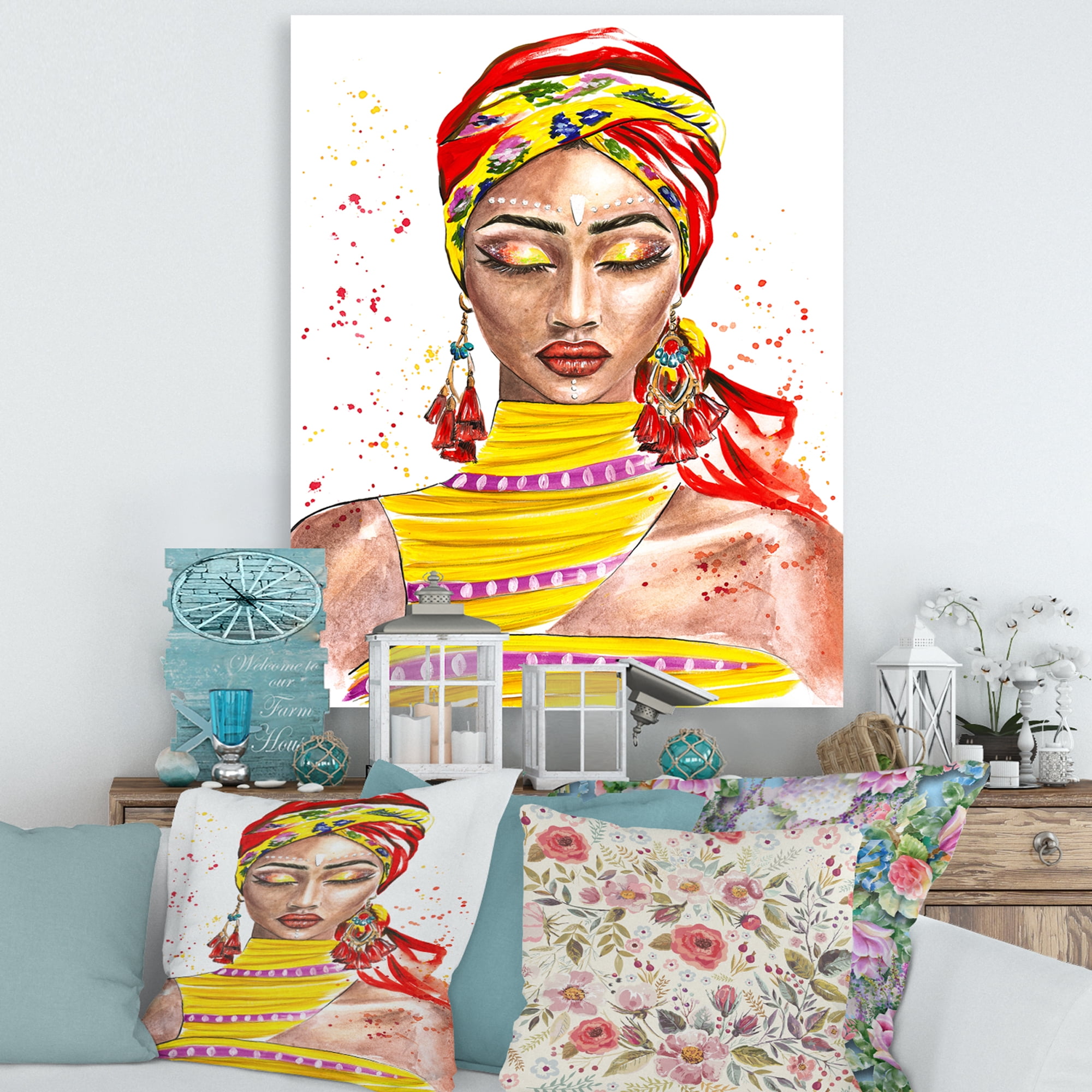 Designart ' Exotic Colorful Portrait of Afro American Woman ' Traditional Canvas Wall Art Print