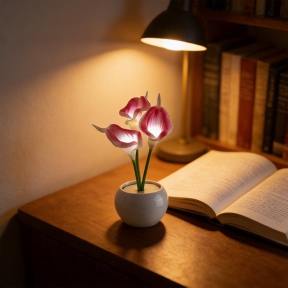 Artificial Calla Lily LED Night Lamp with White Vase,Simulation Flower Bedside Table Lamp for Bedroom,Living Room,Home Desktop Decor